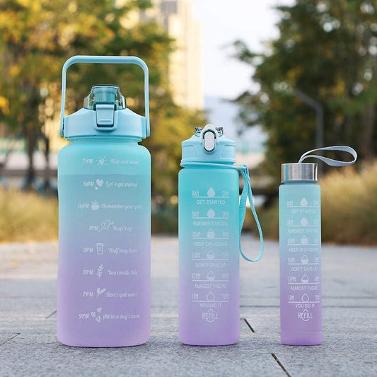 Sports Water Bottles 3 Pcs Set with Motivational Time Marker & Leak Proof Flip Top Lid