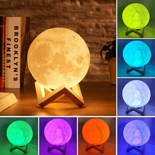 LED Moon Lamp - 3D Printed Lunar Lamp - Battery Powered Colourful - Night Light