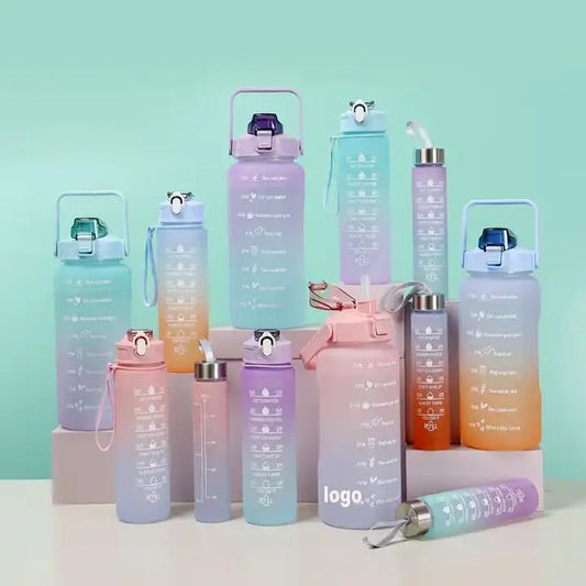 Sports Water Bottles 3 Pcs Set with Motivational Time Marker & Leak Proof Flip Top Lid